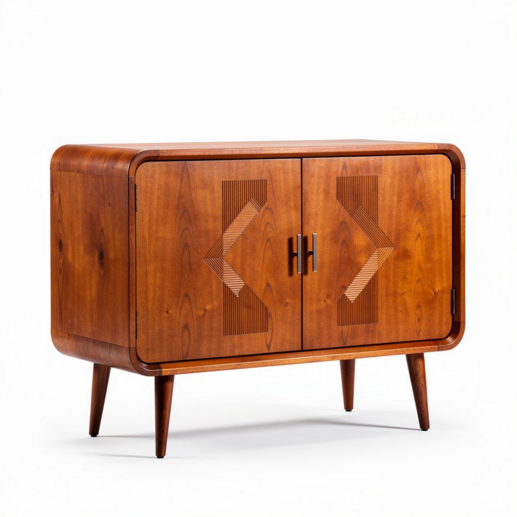 Mid-century modern wood sideboard cabinet with perforated doors 90 x 45 x 75cm