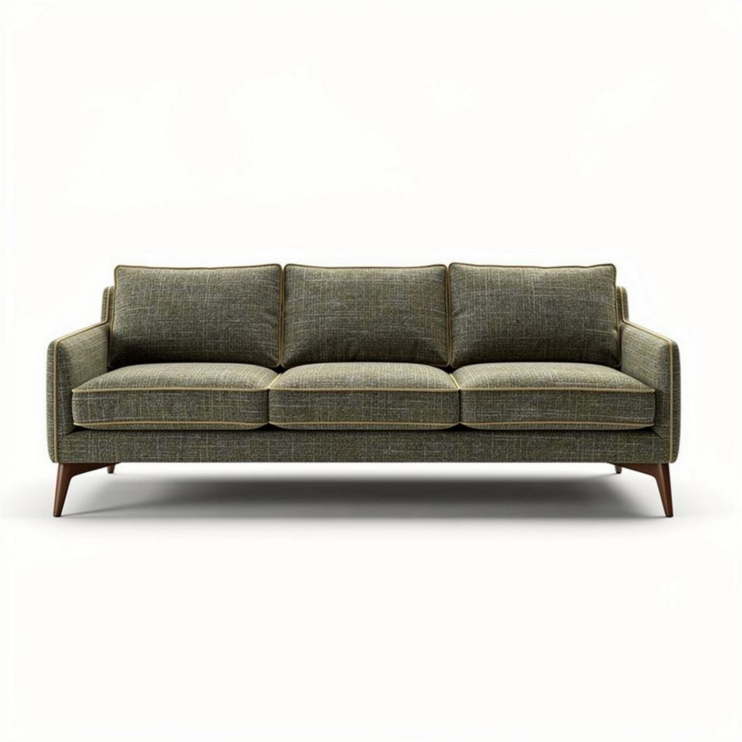 Three-seater sofa in green fabric with wooden legs 210 x 90 x 85cm