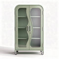 Modern glass display cabinet with adjustable shelves and rolling wheels green finish 80 x 40 x 160cm