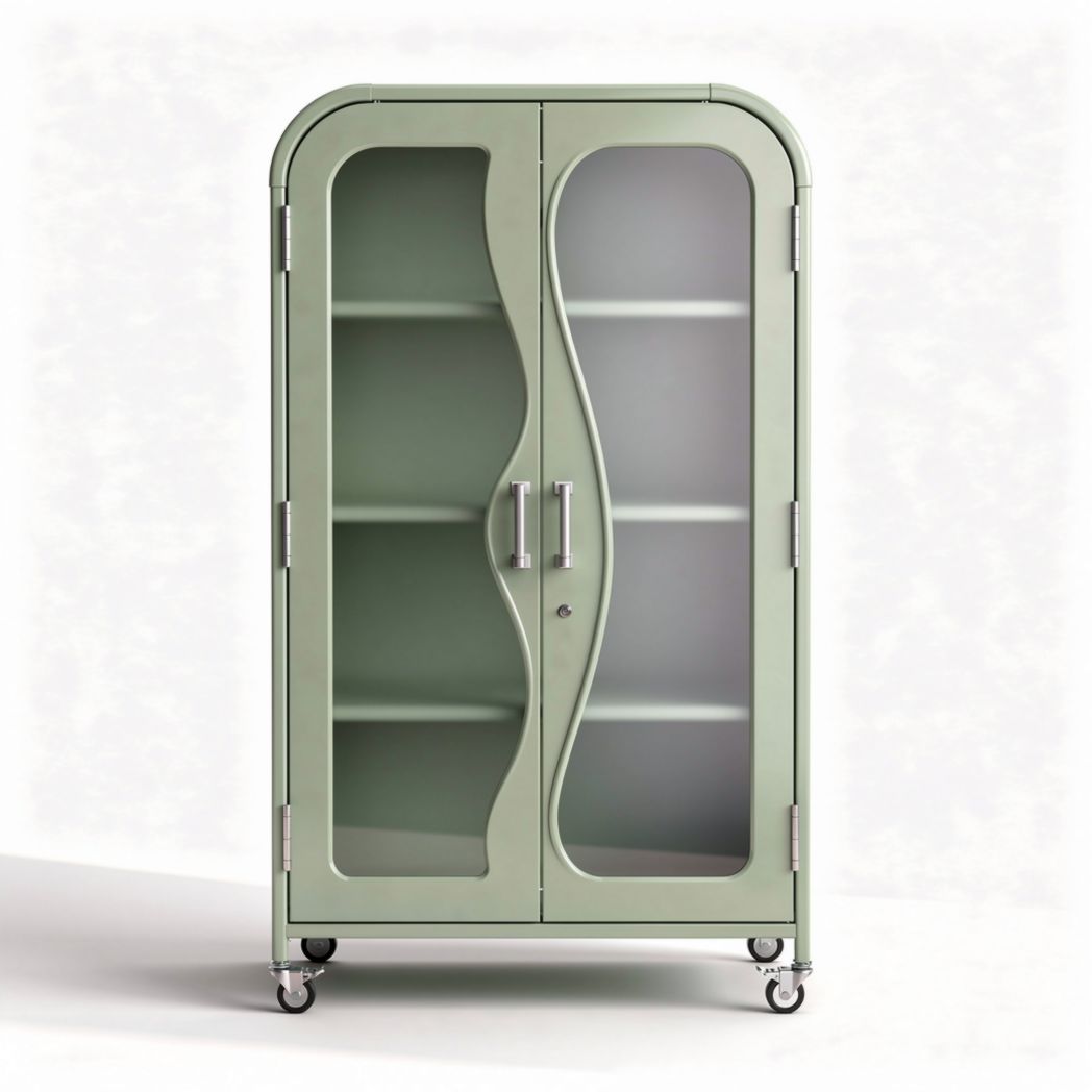 Modern glass display cabinet with adjustable shelves and rolling wheels green finish 80 x 40 x 160cm