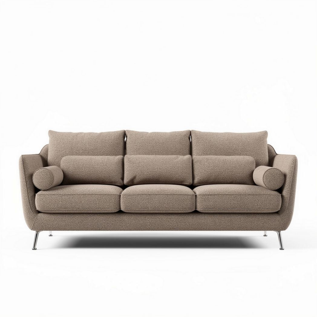 Fabric sofa with cylindrical armrests and stainless steel legs 210 x 90 x 85cm
