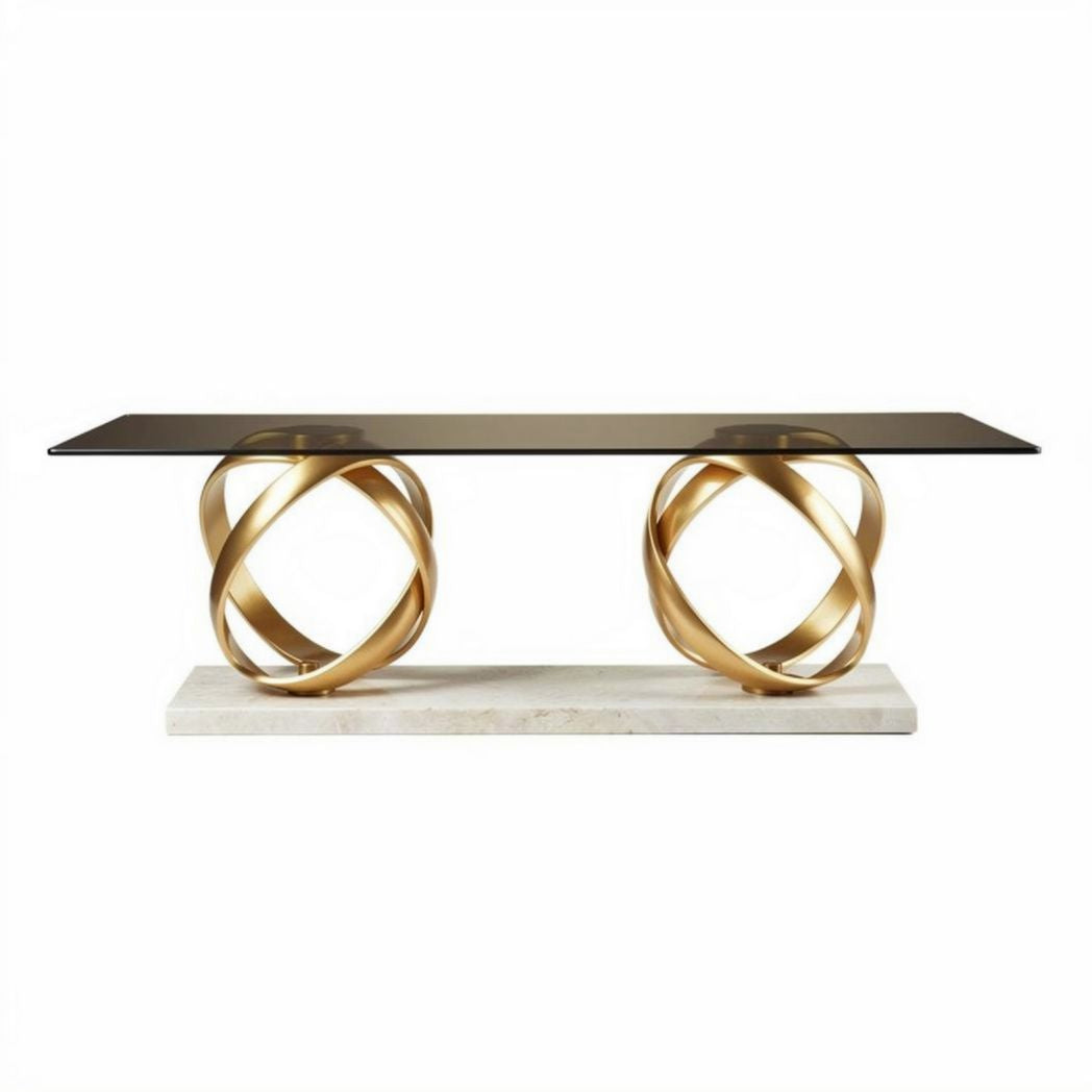 Black glass console table with gold metal base and marble pedestal 120 x 40 x 75cm