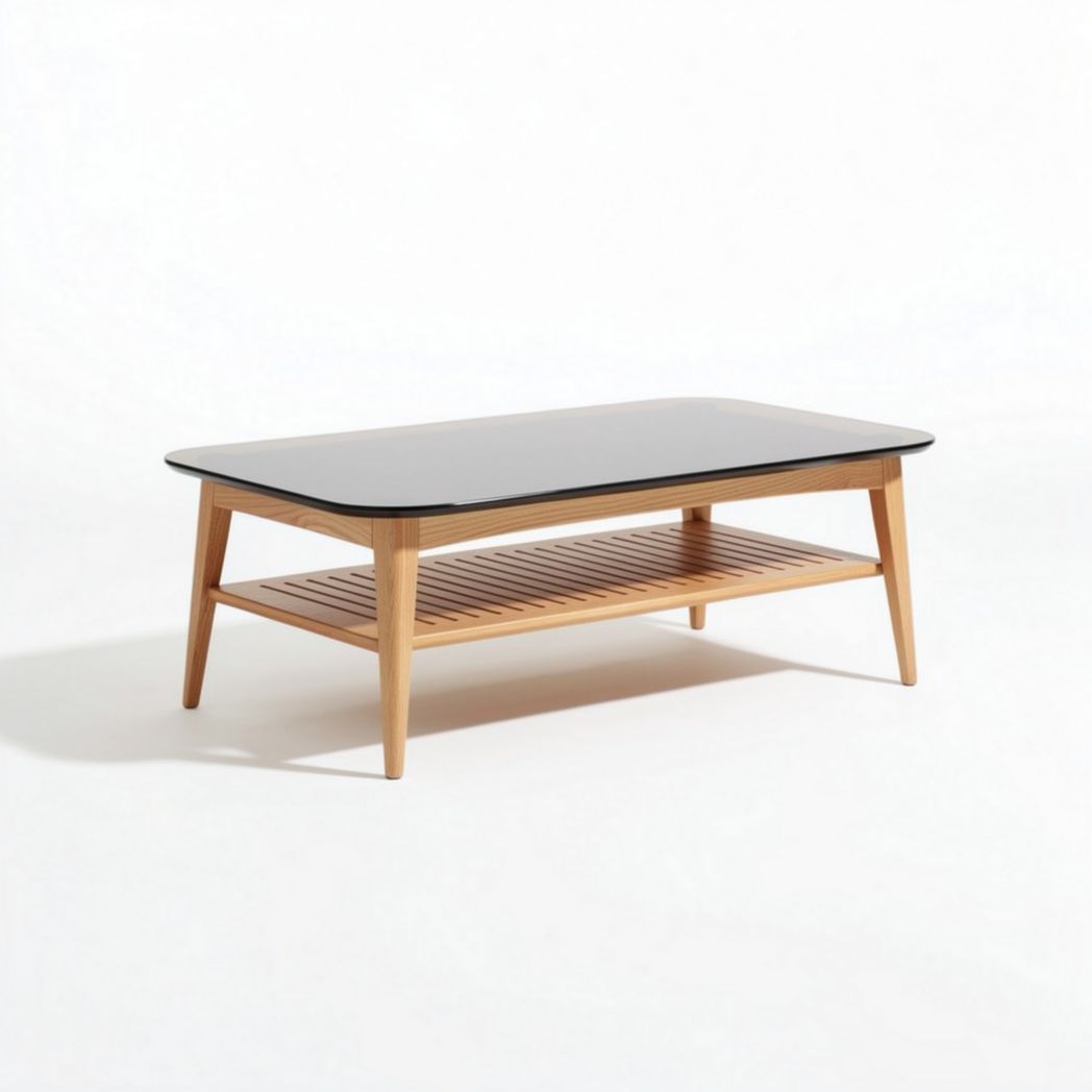 Wooden coffee table with black glass top and open shelf 100 x 60 x 40cm