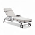 Adjustable outdoor lounge chair with gray fabric cushion and wheels