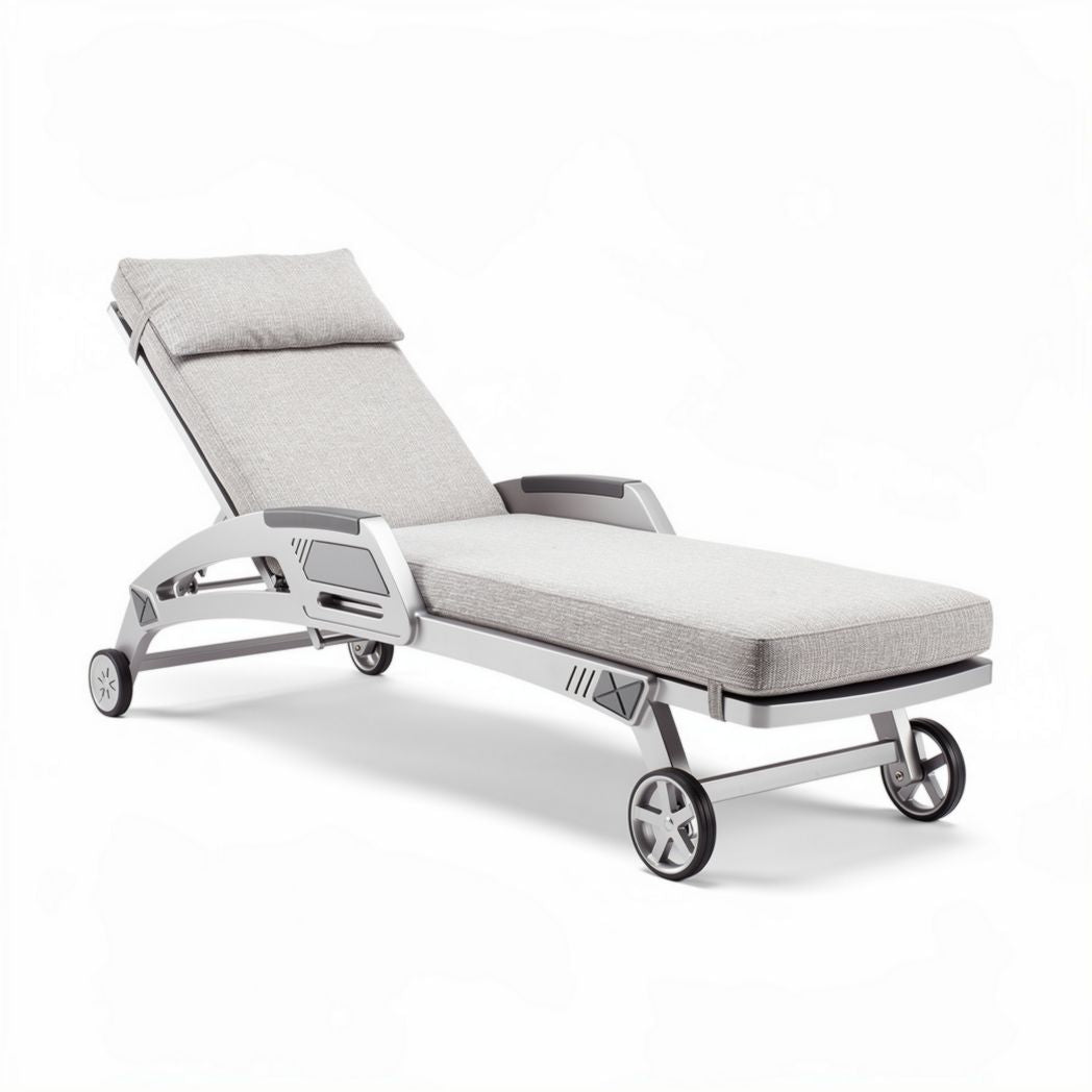 Adjustable outdoor lounge chair with gray fabric cushion and wheels