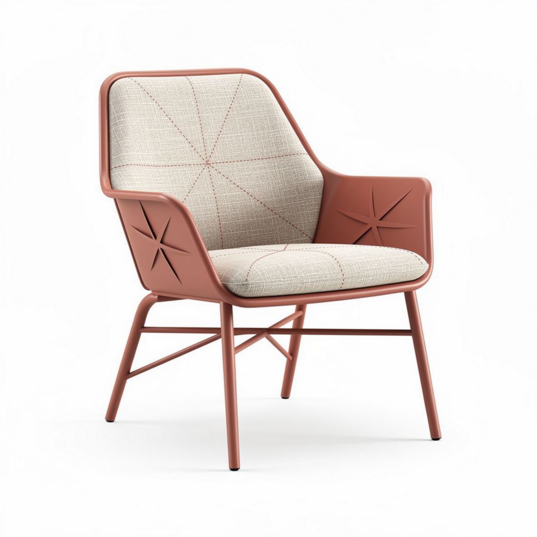 Rust orange metal armchair with beige fabric seat and star pattern 70 x 70 x 80cm