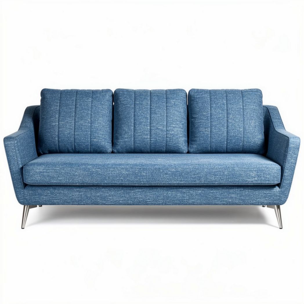 Mid-century modern three-seat sofa in blue fabric with stainless steel legs 180 x 85 x 75cm
