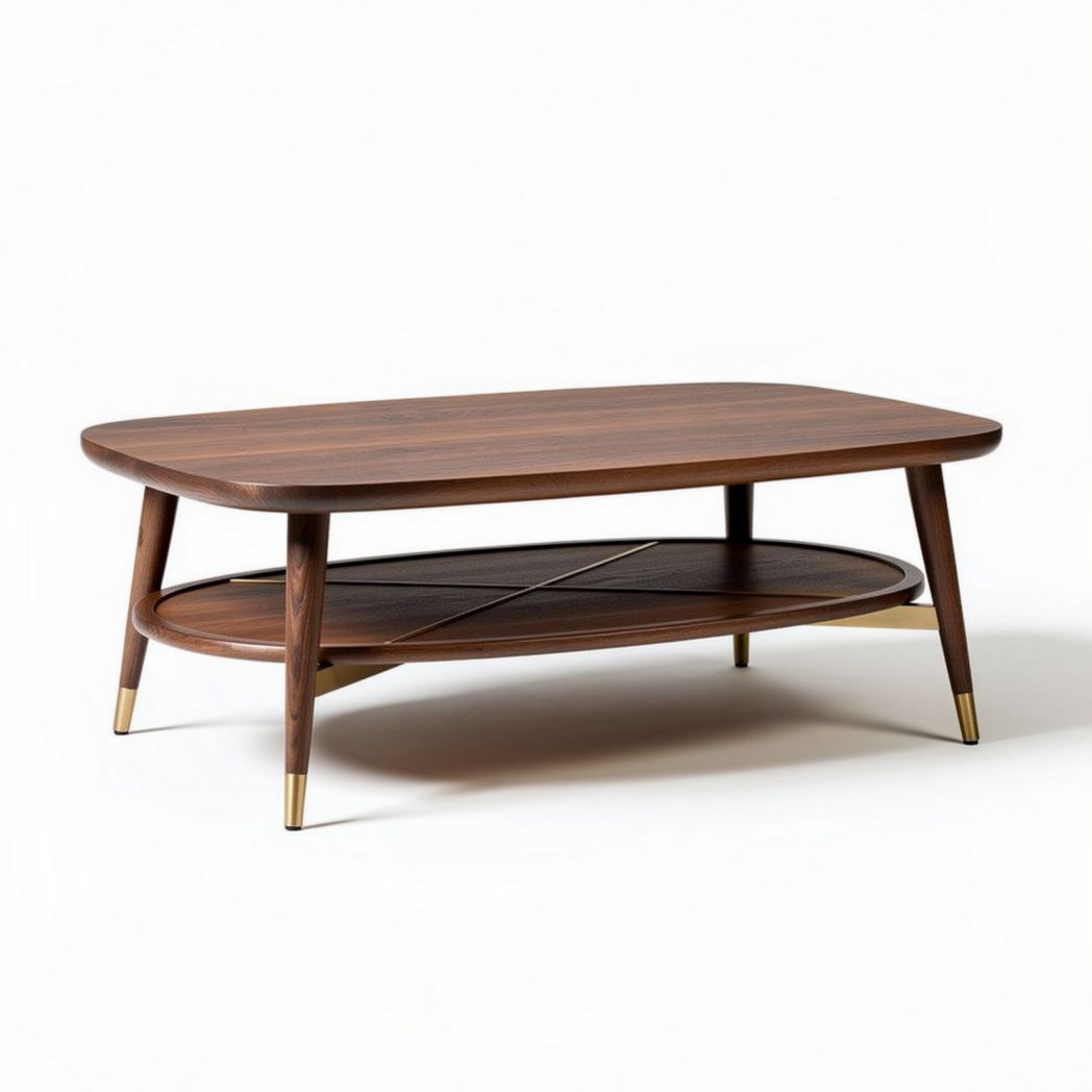 Walnut coffee table with oval design and lower shelf for storage 120 x 60 x 40cm