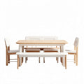 Modern dining table set with natural wood finish and white upholstery 150 x 75 x 75cm