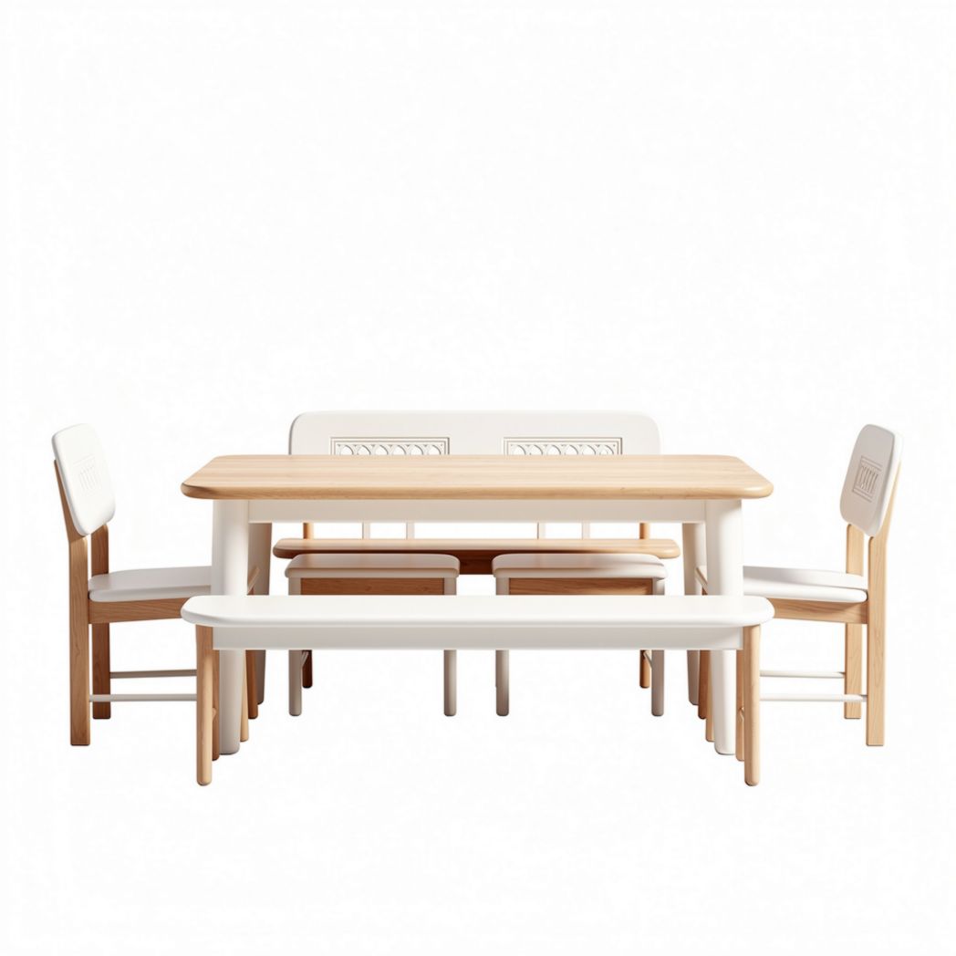 Modern dining table set with natural wood finish and white upholstery 150 x 75 x 75cm